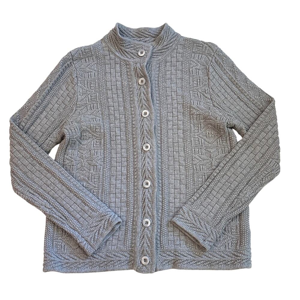 LL Bean Cardigan Sweater Women Medium Gray Knit Fishermans Heavyweight Grandma